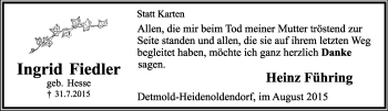 Anzeige  Ingrid Fiedler  Lippische Landes-Zeitung