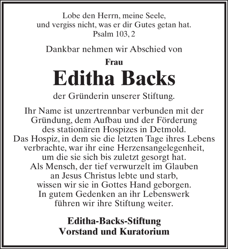  Traueranzeige für Editha Backs vom 01.10.2011 aus Lippische Landes-Zeitung