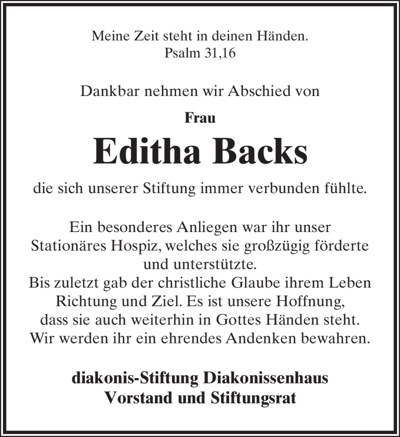  Traueranzeige für Editha Backs vom 01.10.2011 aus Lippische Landes-Zeitung