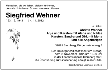 Anzeige  Siegfried Wehner  Lippische Landes-Zeitung