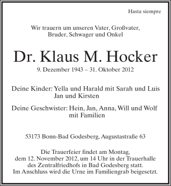 Anzeige  Klaus M.  Hocker  Lippische Landes-Zeitung