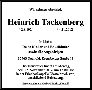 Anzeige  Heinrich Tackenberg  Lippische Landes-Zeitung