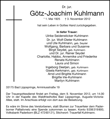 Anzeige  Götz-Joachim Kuhlmann  Lippische Landes-Zeitung