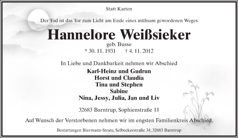  Traueranzeige für Hannelore Weißsieker vom 10.11.2012 aus Lippische Landes-Zeitung