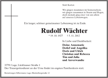 Anzeige  Rudolf Wächter  Lippische Landes-Zeitung