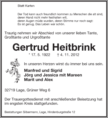 Anzeige  Gertrud Heitbrink  Lippische Landes-Zeitung