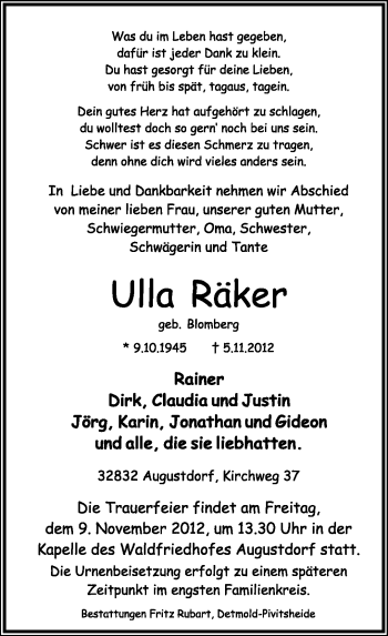 Anzeige  Ulla Räker  Lippische Landes-Zeitung