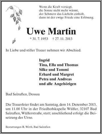 Anzeige  Uwe Martin  Lippische Landes-Zeitung