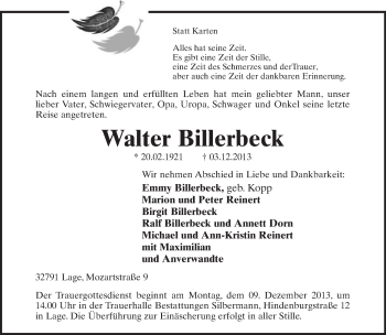 Anzeige  Walter Billerbeck  Lippische Landes-Zeitung