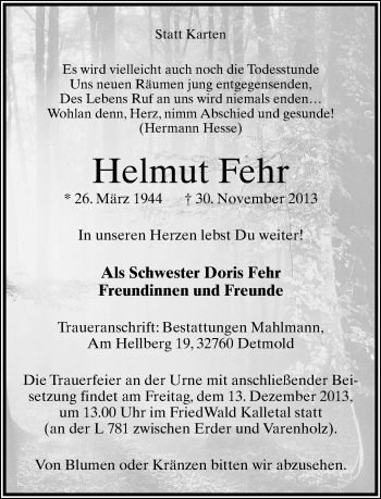 Anzeige  Helmut Fehr  Lippische Landes-Zeitung