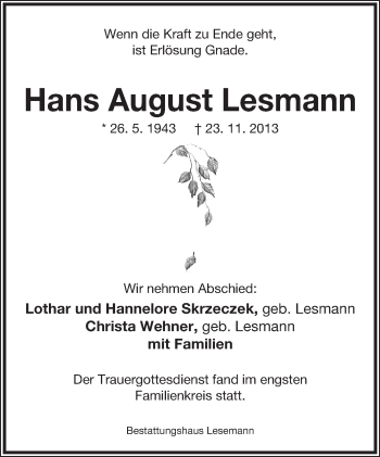 Anzeige  Hans August Lesmann  Lippische Landes-Zeitung