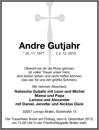 Anzeige  Andre Gutjahr  Lippische Landes-Zeitung