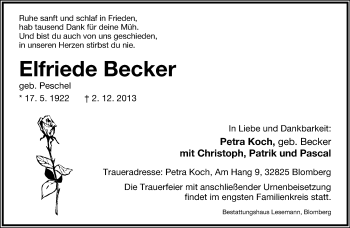 Anzeige  Elfriede Becker  Lippische Landes-Zeitung