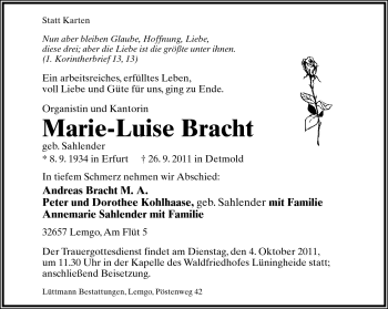 Anzeige  Marie-Luise Bracht  Lippische Landes-Zeitung