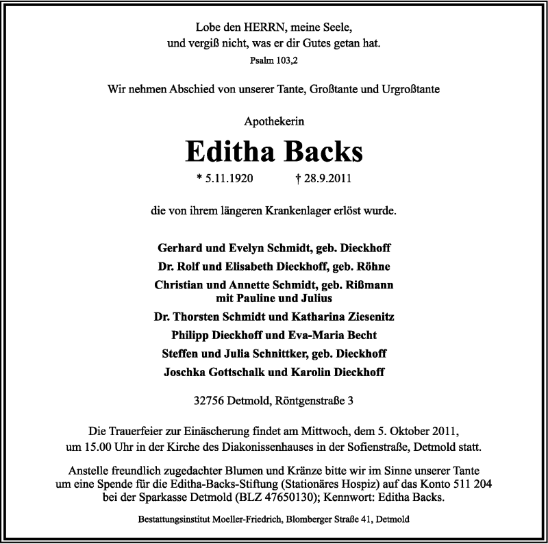  Traueranzeige für Editha Backs vom 01.10.2011 aus Lippische Landes-Zeitung