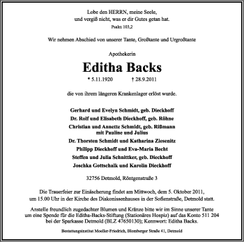 Anzeige  Editha Backs  Lippische Landes-Zeitung