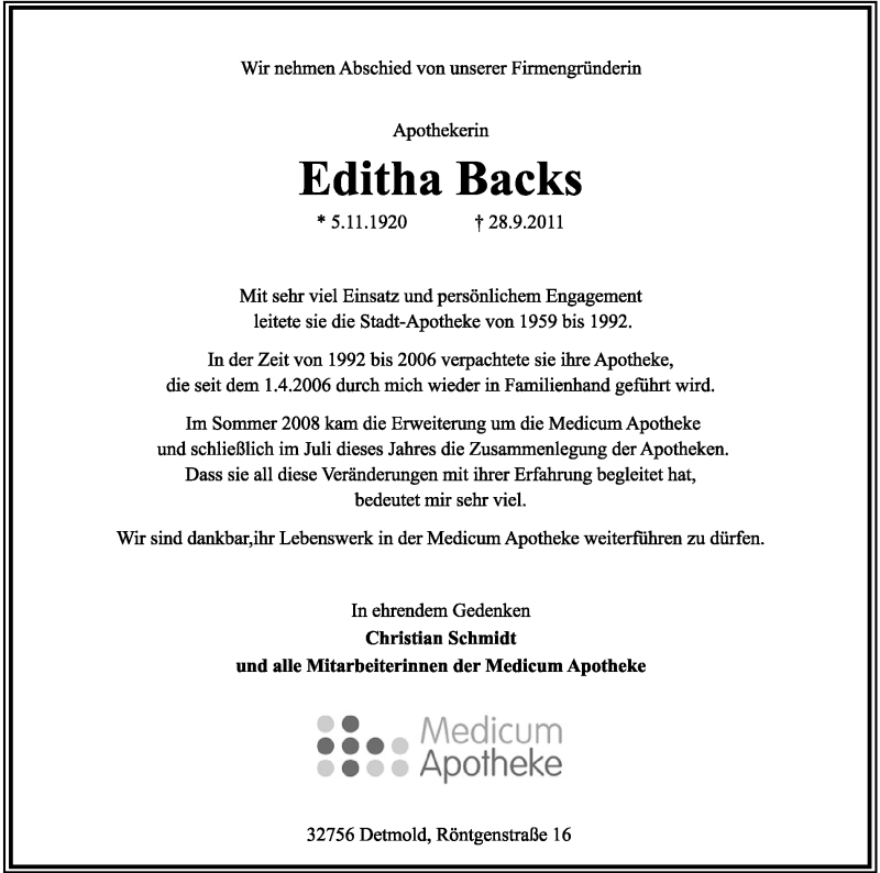  Traueranzeige für Editha Backs vom 01.10.2011 aus Lippische Landes-Zeitung