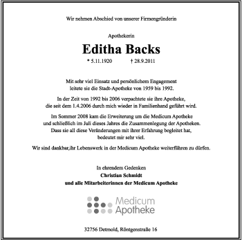 Anzeige  Editha Backs  Lippische Landes-Zeitung