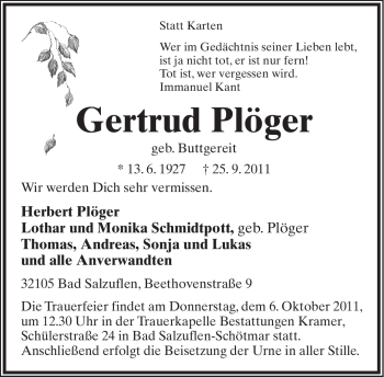 Anzeige  Gertrud Plöger  Lippische Landes-Zeitung