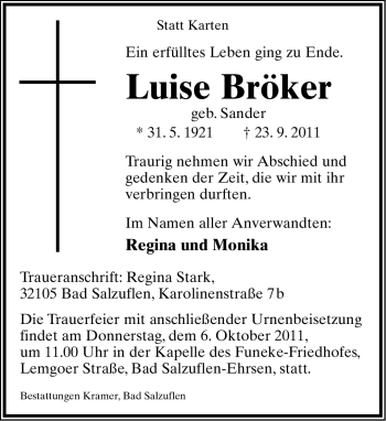Anzeige  Luise Bröker  Lippische Landes-Zeitung