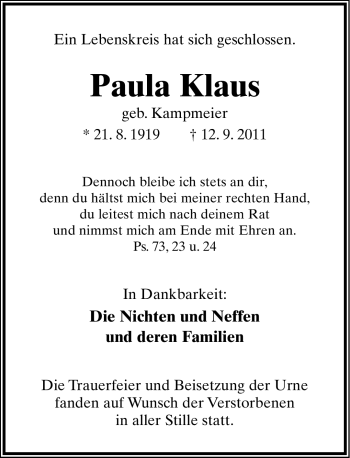 Anzeige  Paula Klaus  Lippische Landes-Zeitung