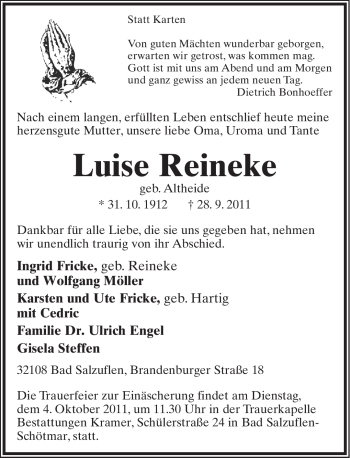 Anzeige  Luise Reineke  Lippische Landes-Zeitung