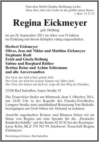Anzeige  Regina Eickmeyer  Lippische Landes-Zeitung