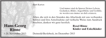 Anzeige  Hans-Georg Rinne  Lippische Landes-Zeitung