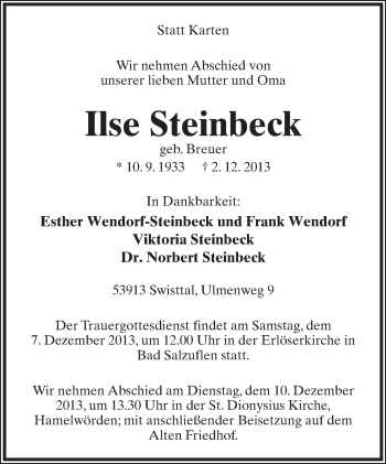 Anzeige  Ilse Steinbeck  Lippische Landes-Zeitung