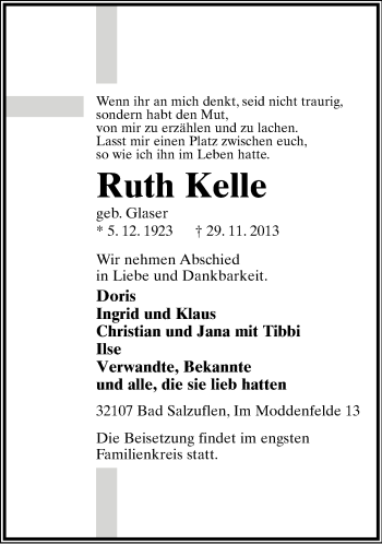 Anzeige  Ruth Kelle  Lippische Landes-Zeitung