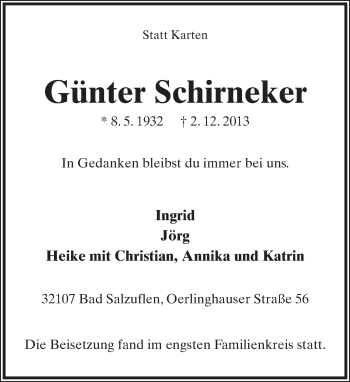Anzeige  Günter Schirneker  Lippische Landes-Zeitung
