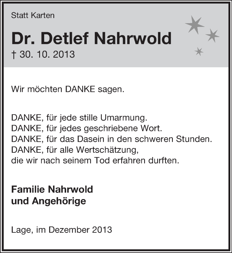 Traueranzeige für Detlef Nahrwold vom 07.12.2013 aus Lippische Landes-Zeitung