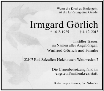 Anzeige  Irmgard Görlich  Lippische Landes-Zeitung
