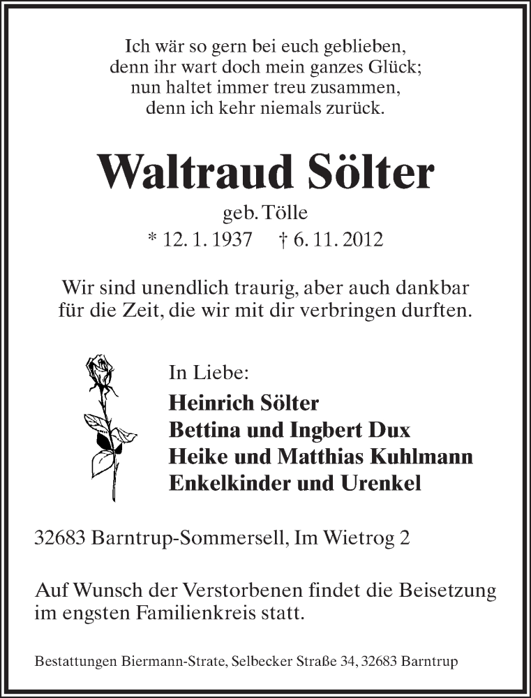  Traueranzeige für Waltraud Sölter vom 10.11.2012 aus Lippische Landes-Zeitung
