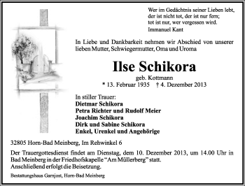 Anzeige  Ilse Schickora  Lippische Landes-Zeitung