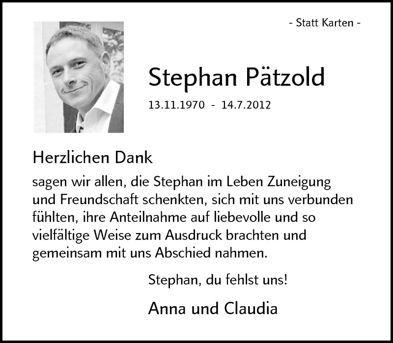  Traueranzeige für Stephan Pätzold vom 10.11.2012 aus Lippische Landes-Zeitung