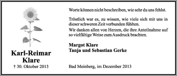 Anzeige  Karl-Reimar Klare  Lippische Landes-Zeitung