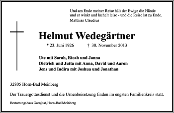 Anzeige  Helmut Wedegärtner  Lippische Landes-Zeitung