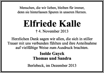 Anzeige  Elfriede Kalle  Lippische Landes-Zeitung