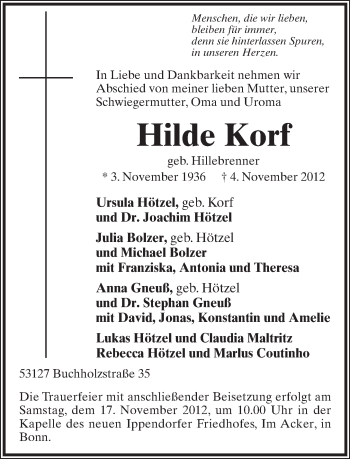 Anzeige  Hilde Korf  Lippische Landes-Zeitung
