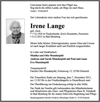 Anzeige  Irene Lange  Lippische Landes-Zeitung