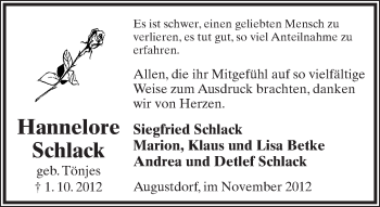 Anzeige  Hannelore Schlack  Lippische Landes-Zeitung
