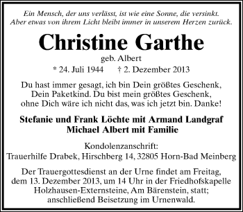 Anzeige  Christine Garthe  Lippische Landes-Zeitung