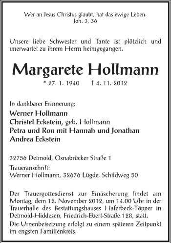 Anzeige  Margarete Hollmann  Lippische Landes-Zeitung