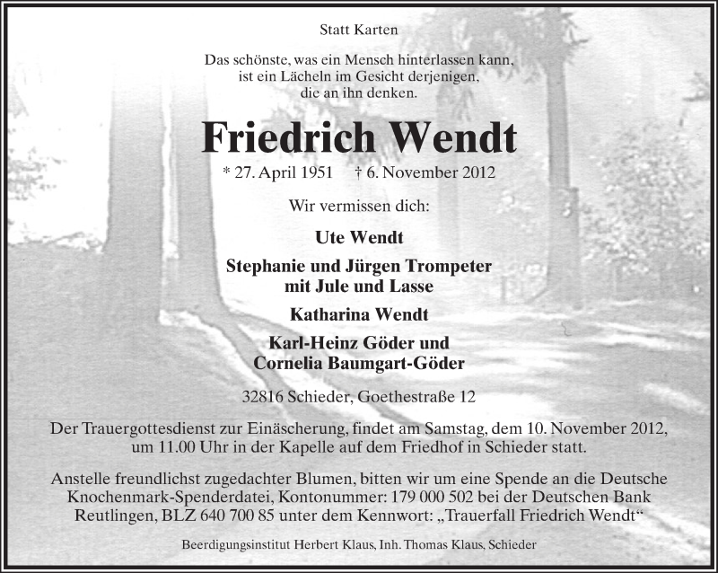  Traueranzeige für Friedrich Wendt vom 08.11.2012 aus Lippische Landes-Zeitung