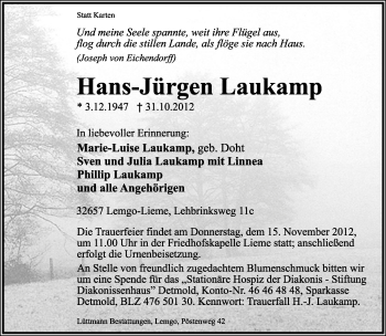 Anzeige  Hans-Jürgen Laukamp  Lippische Landes-Zeitung