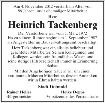 Anzeige  Heinrich Tackenberg  Lippische Landes-Zeitung
