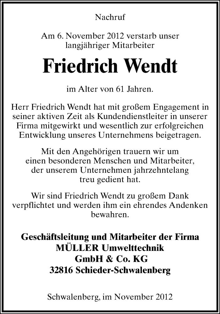  Traueranzeige für Friedrich Wendt vom 10.11.2012 aus Lippische Landes-Zeitung