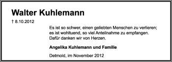Anzeige  Walter Kuhlemann  Lippische Landes-Zeitung