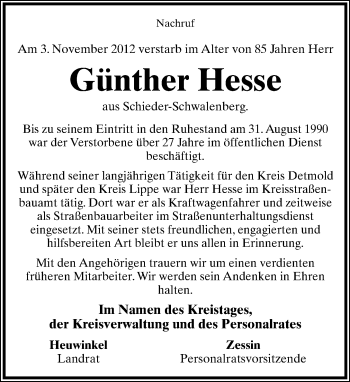 Anzeige  Günther Hesse  Lippische Landes-Zeitung